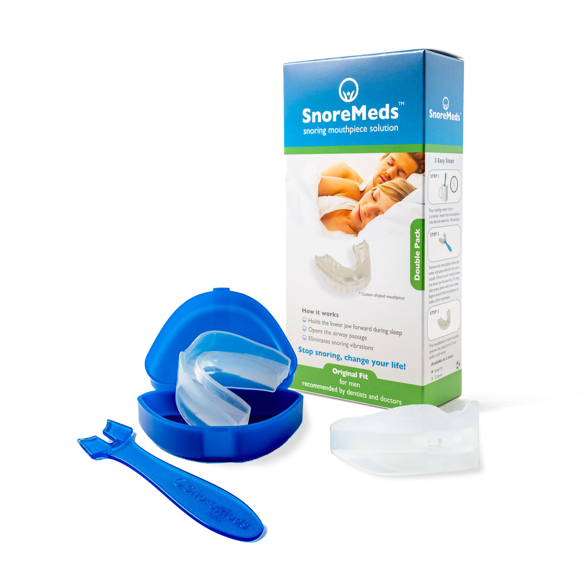 SnoreMed anti-snoring device with packaging and spatula on a white background