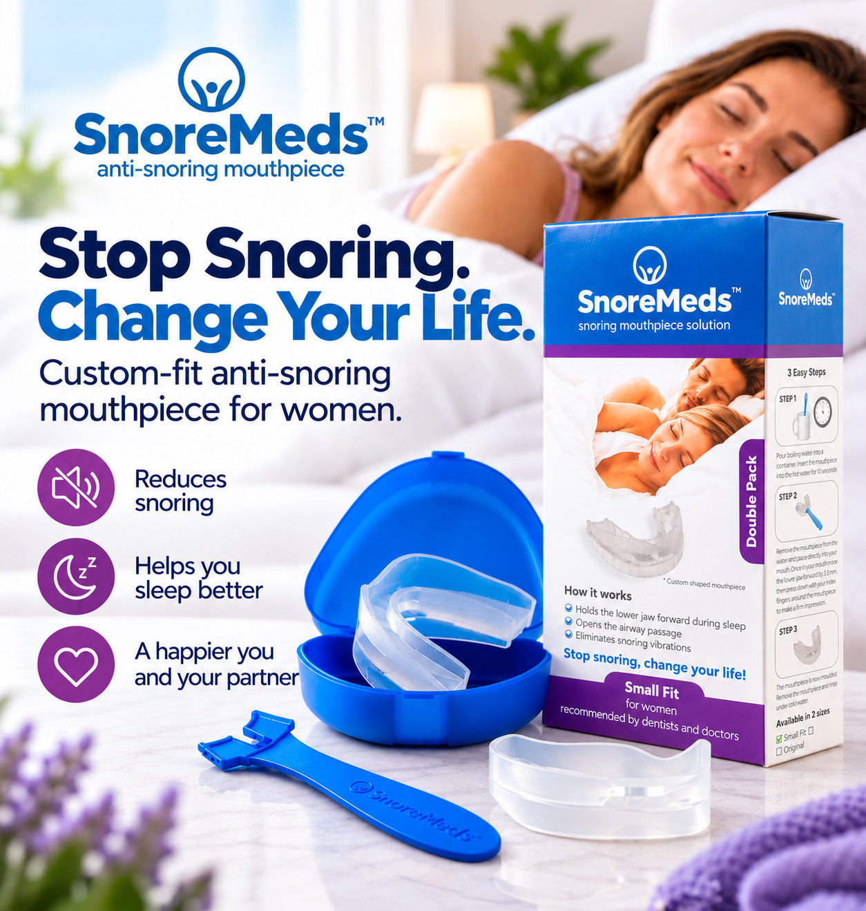 SnoreMeds anti-snoring mouthpiece set shown with its retail box, blue case, clear mouthpiece, and applicator tool on a bright bedroom-style background with a sleeping woman visible in the scene. Text on the image highlights sleep improvement benefits.