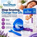 SnoreMeds anti-snoring mouthpiece set shown with its retail box, blue case, clear mouthpiece, and applicator tool on a bright bedroom-style background with a sleeping woman visible in the scene. Text on the image highlights sleep improvement benefits.