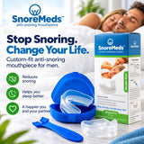 SnoreMeds anti-snoring mouthpiece set shown with the retail box, blue case, clear mouthpiece, and applicator tool on a bright bedroom-themed background. Promotional text reads 'Stop Snoring.